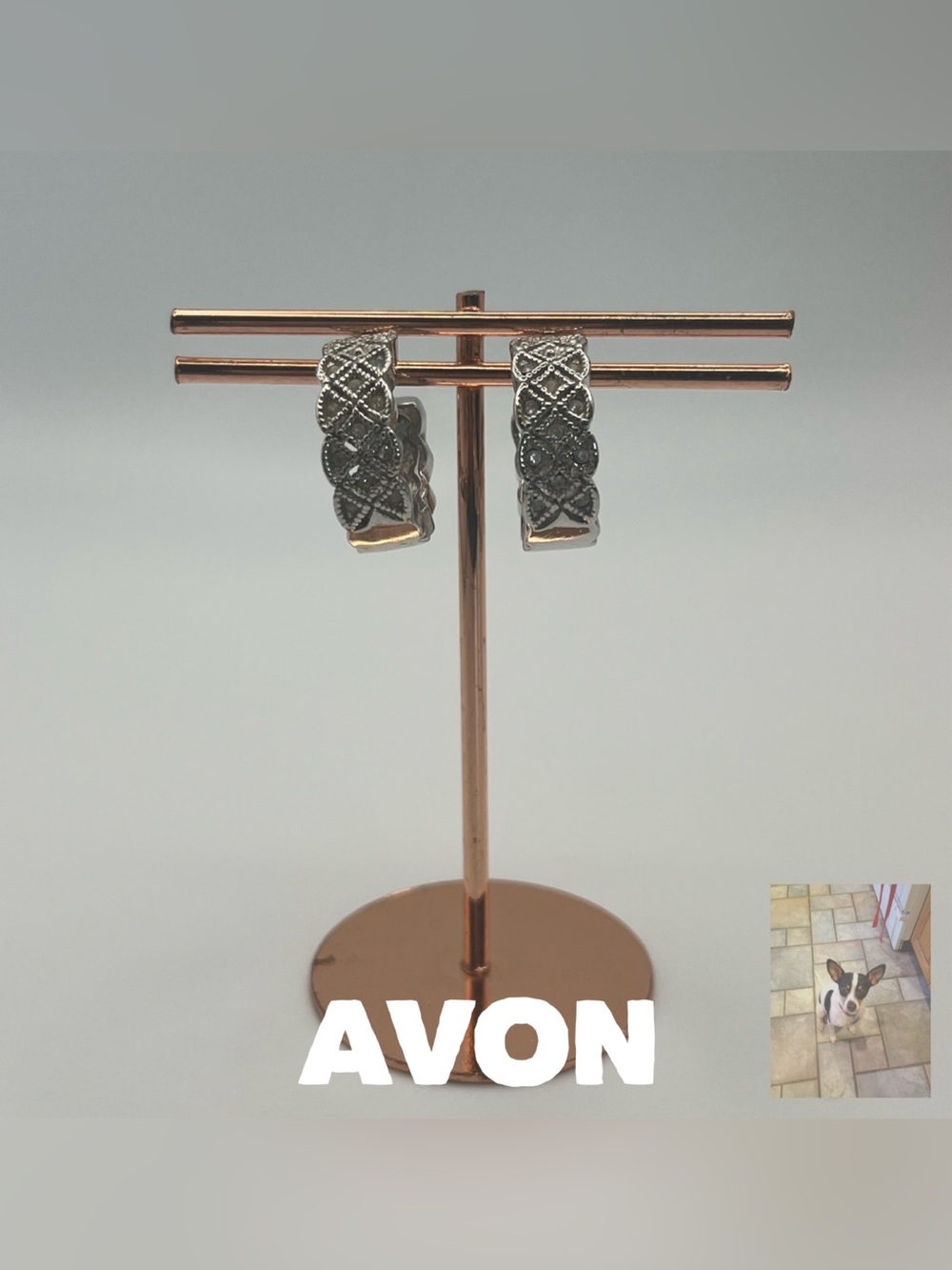 Avon Silver Tone Pierced Half Hoops With Small Rhinestones